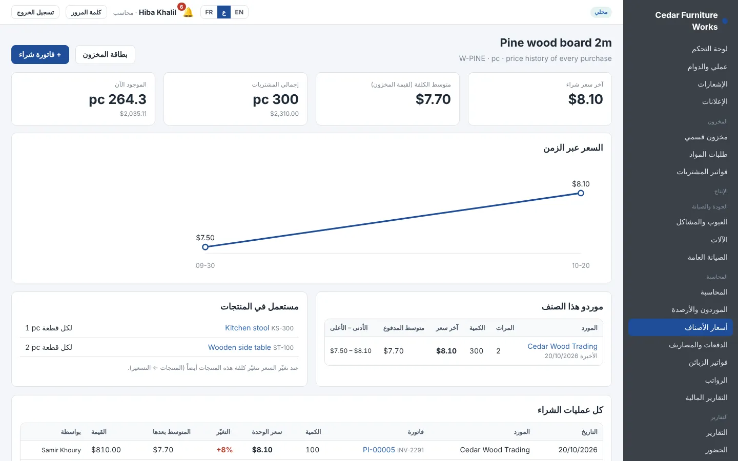 سجل أسعار مادة أولية مع كل عملية شراء ومورد