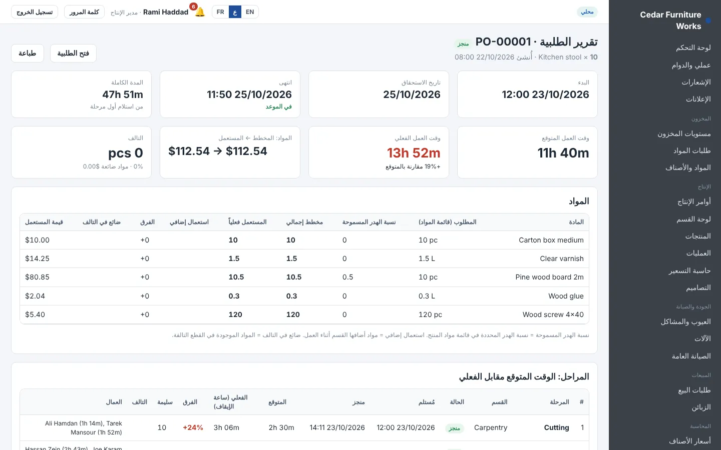 تقرير طلبية يقارن المواد والوقت المخطط بالفعلي
