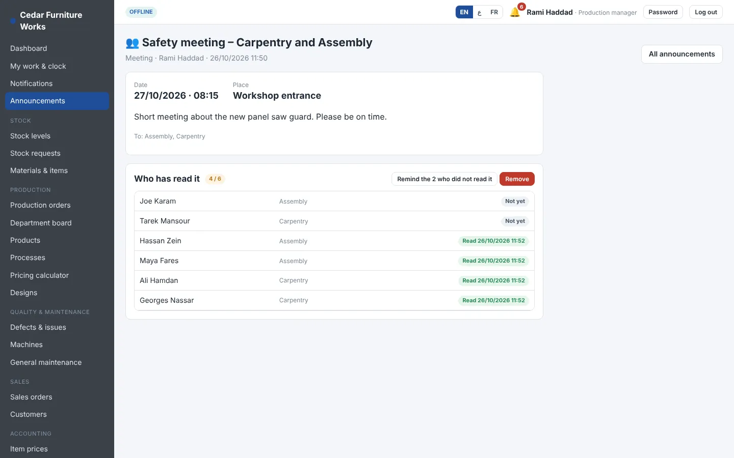 Announcement of a safety meeting with the list of who has read it