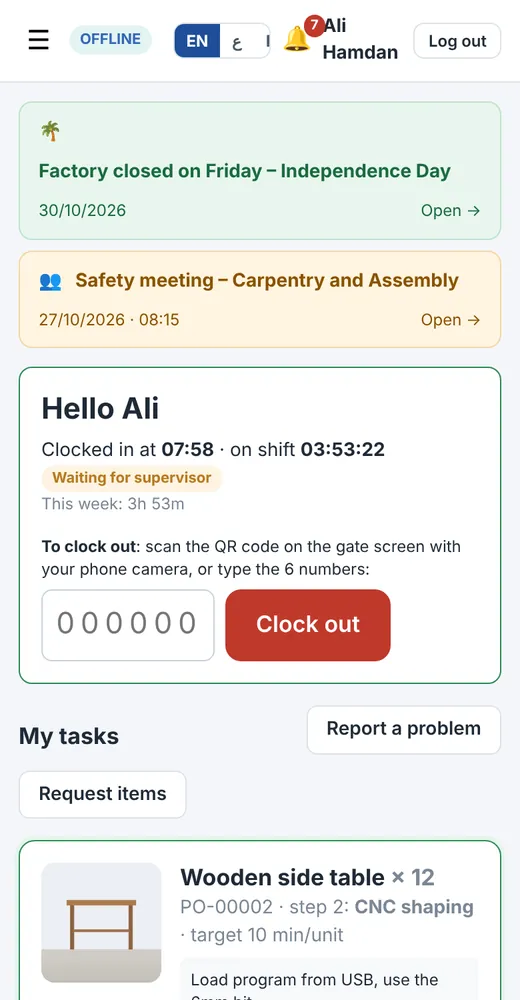 Worker's phone screen with a running stopwatch