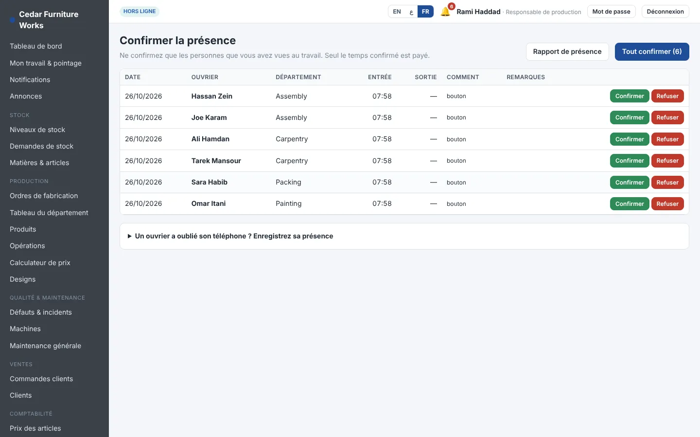 Page de confirmation de présence