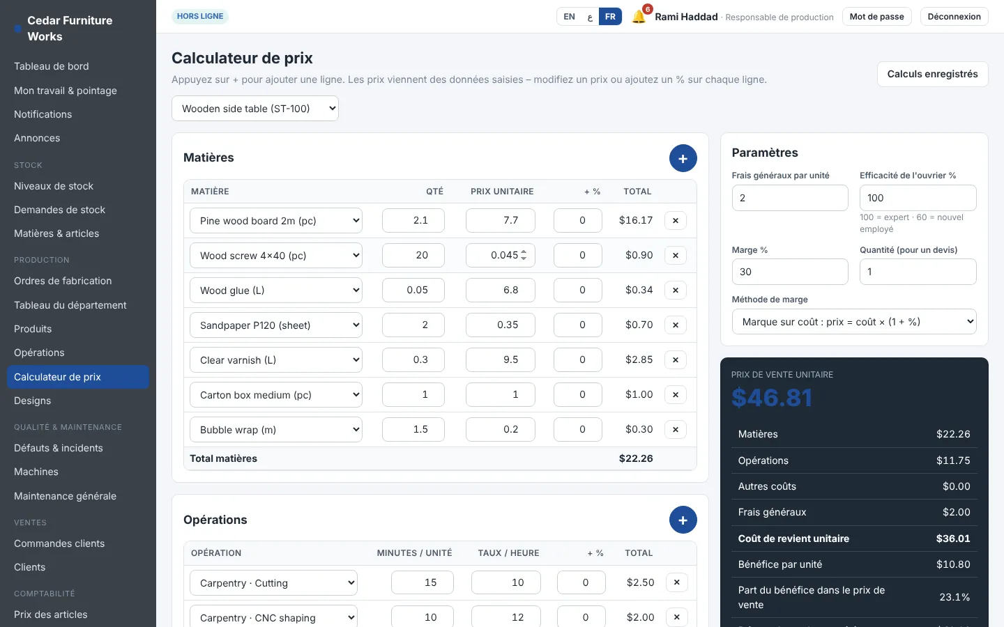Calculateur de prix avec matières, opérations et prix de vente