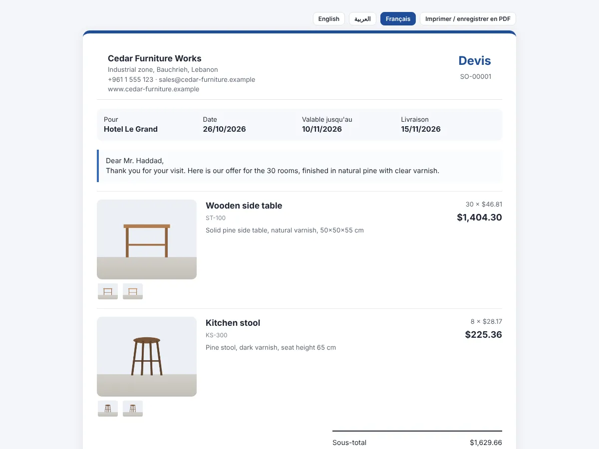Devis client avec photos et prix
